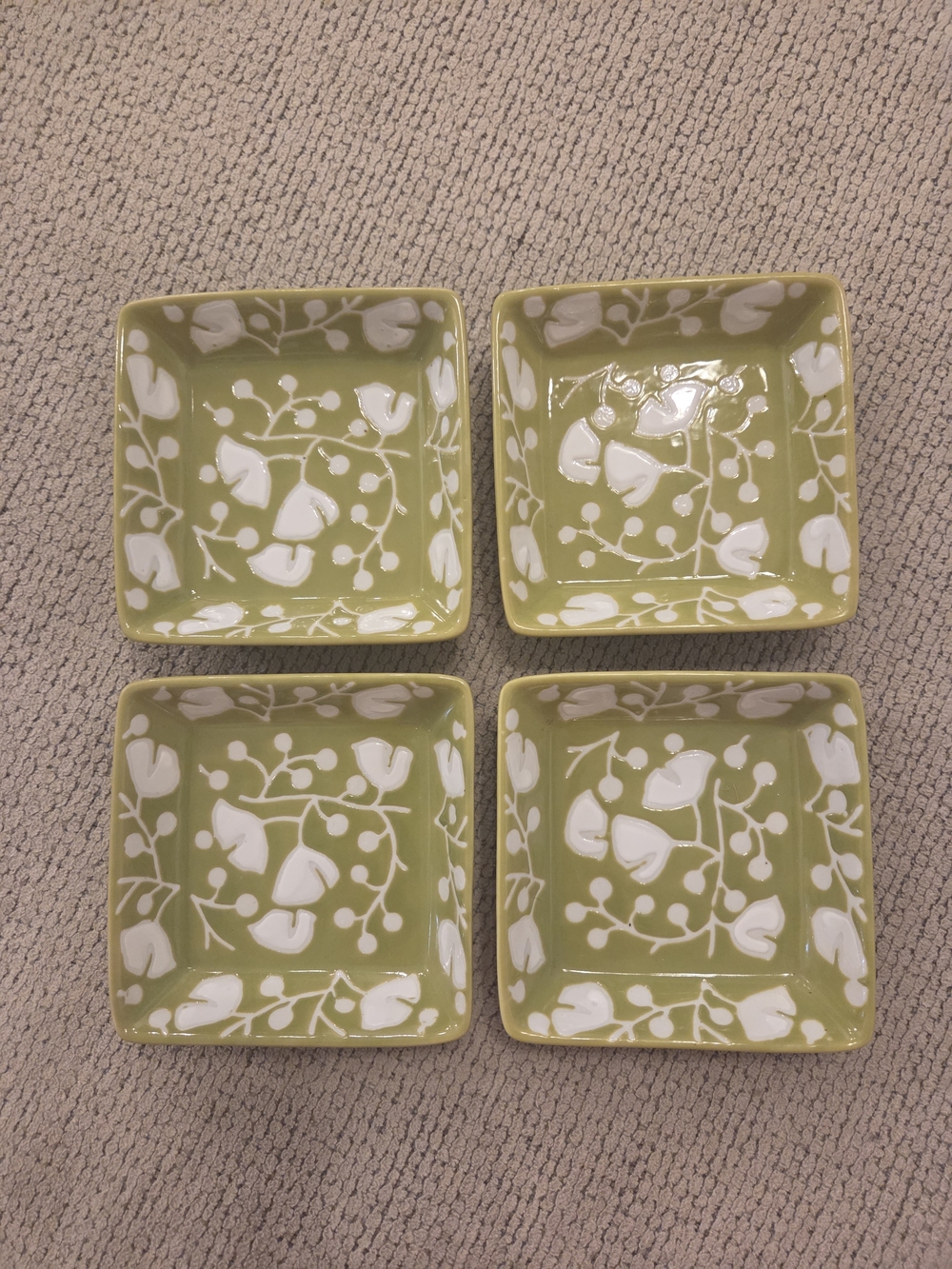 Square Olive Green Ceramic Dishes with White Floral Motif - Set of 4
